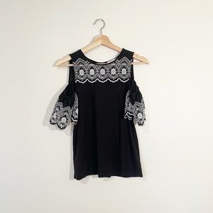 Loft Black Cold Shoulder Top with White Eyelet Print